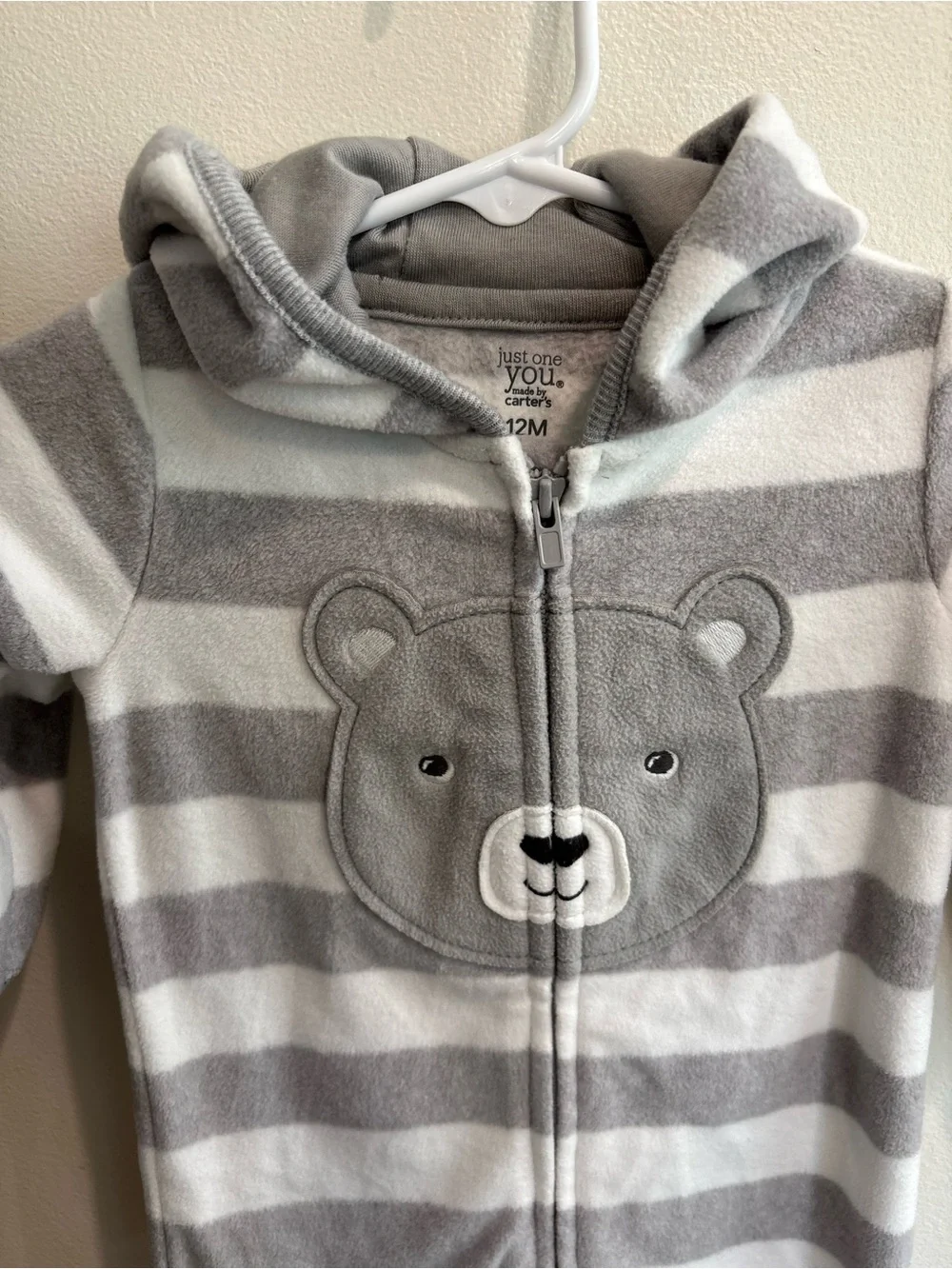 Carters 12 month fleece winter Gray & White Striped Bear Hooded One-Piece